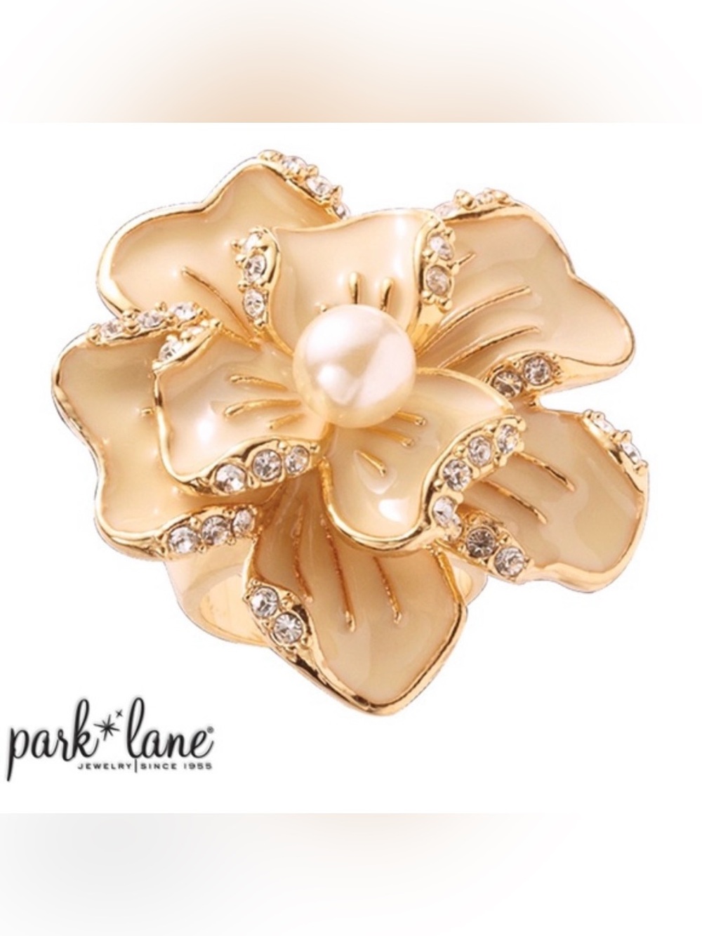 Napier Gold-Tone Cream Enamel Flower Brooch with Faux Pearl Center